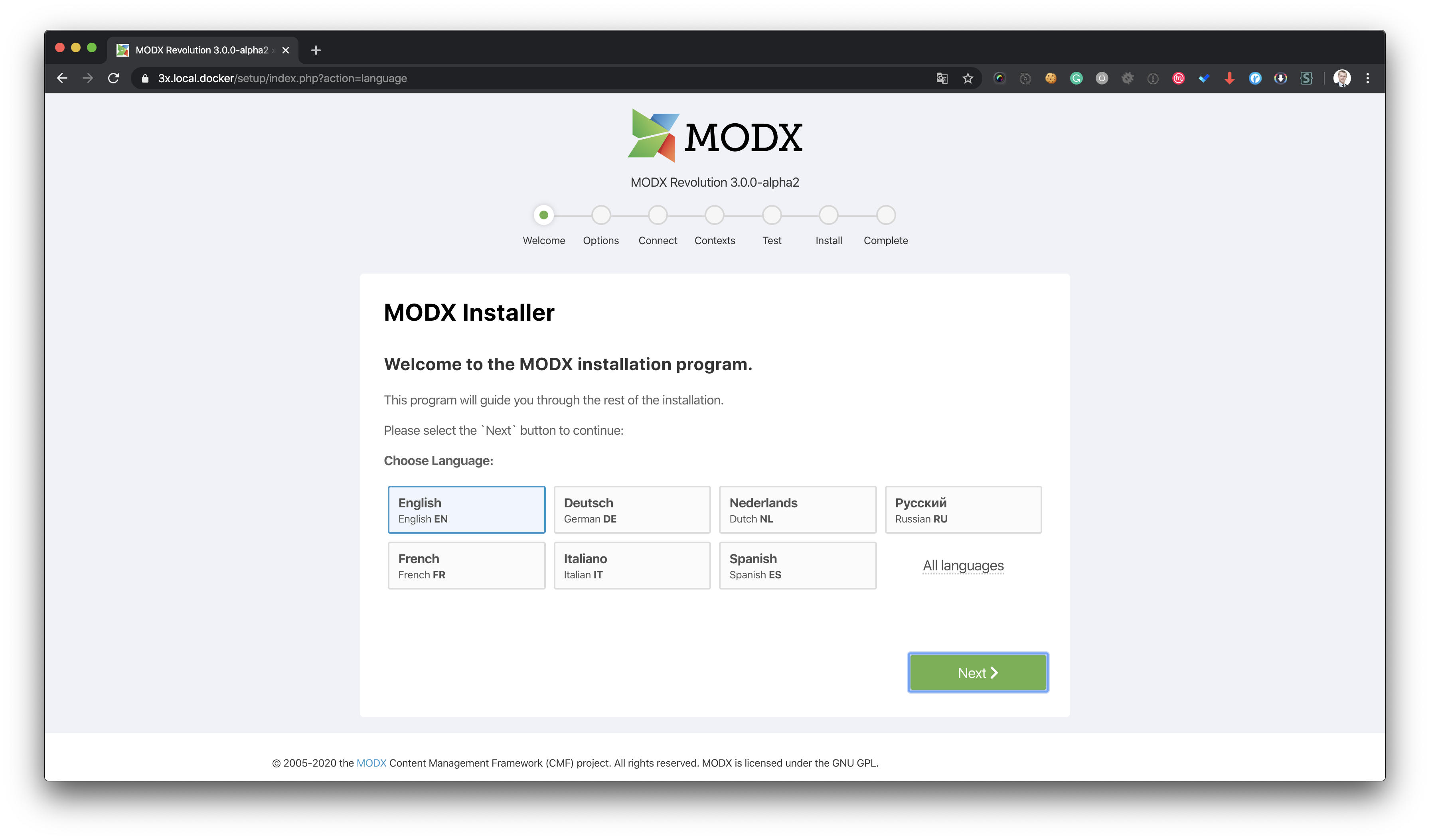 Выбор языка из популярных в установщике MODX 3